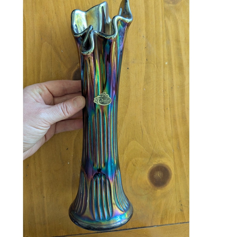 Fenton Amethyst‎ Iridescent Carnival Glass Swung Bud Vase Ruffled Rim 12 inch
